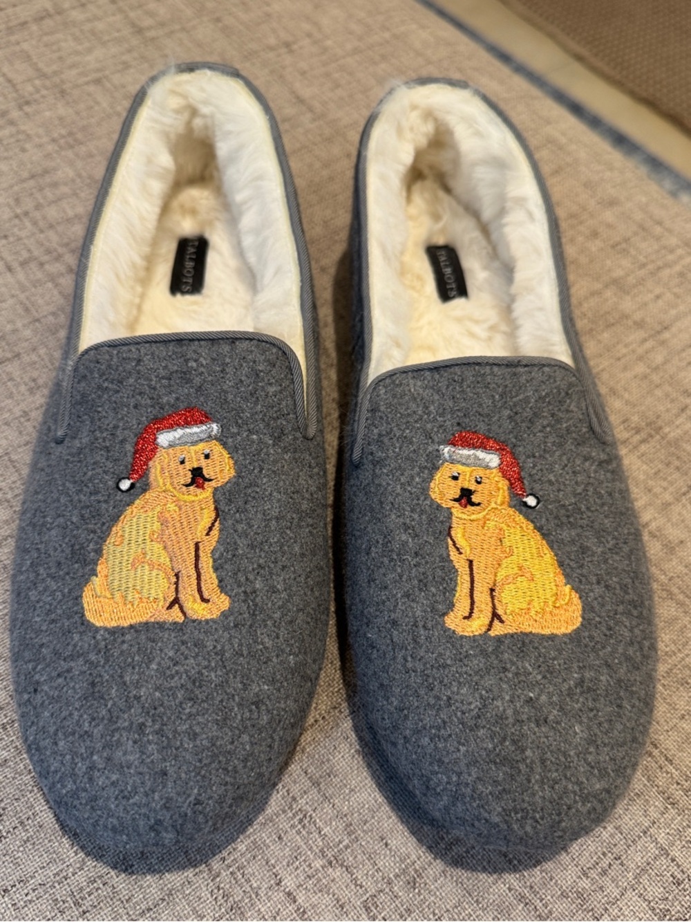 Talbots Gray Embroidered Dog Holiday Slippers-Never Worn